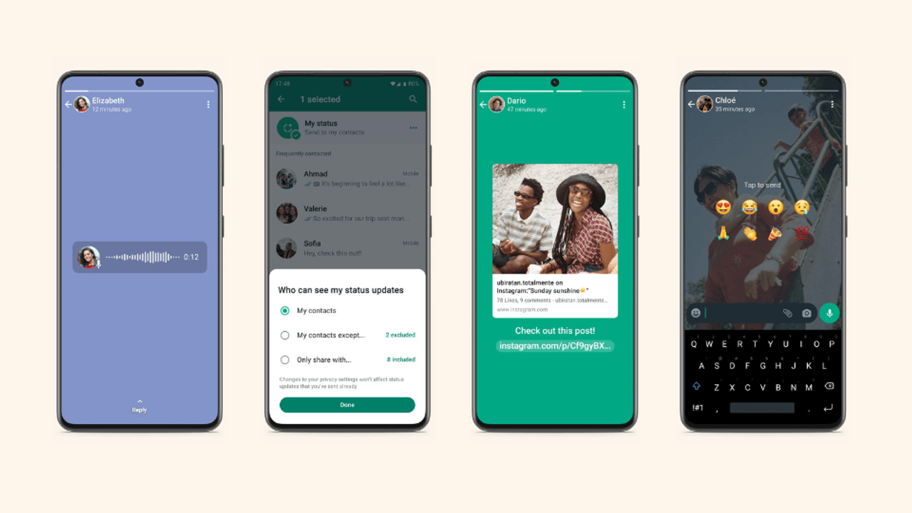 WhatsApp Durum'a yeni özellikler eklendi: emoji tepkiler, bağlantı önizlemesi ve sesli mesaj paylaşımı